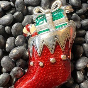 Christmas  Silvertone and Red Stocking Pin/Brooch